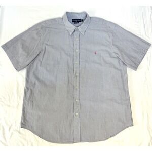 Ralph Lauren Men's 2X Big Seersucker Shirt Blue Stripe Short Sleeve Pink Logo